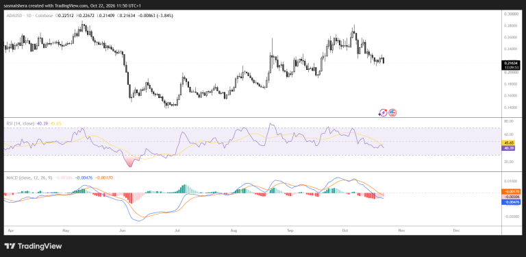 Cardano risks further losses as ADA drops below the $0.220 support